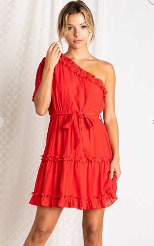 Red Ruffle One Shoulder Dress